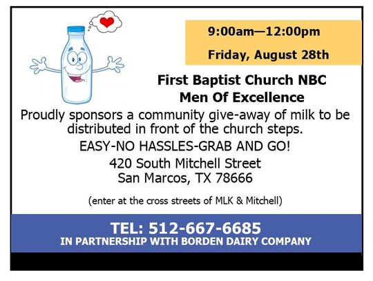 First Baptist Church NBC  offering free milk Friday