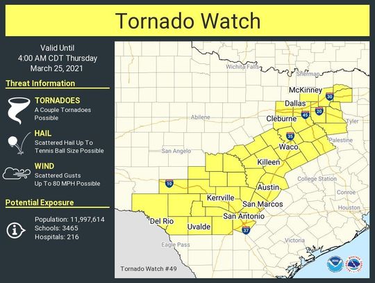 National Weather Service issues tornado watch for Hays County 