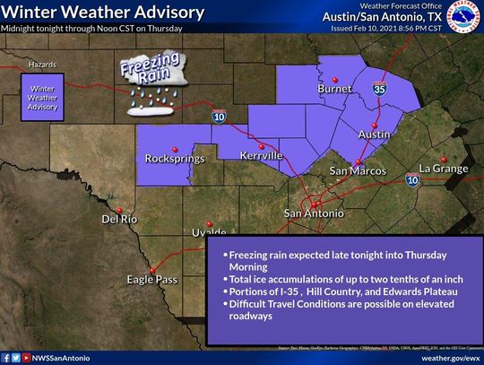 National Weather Services issues Winter Weather Advisory for Hays County 