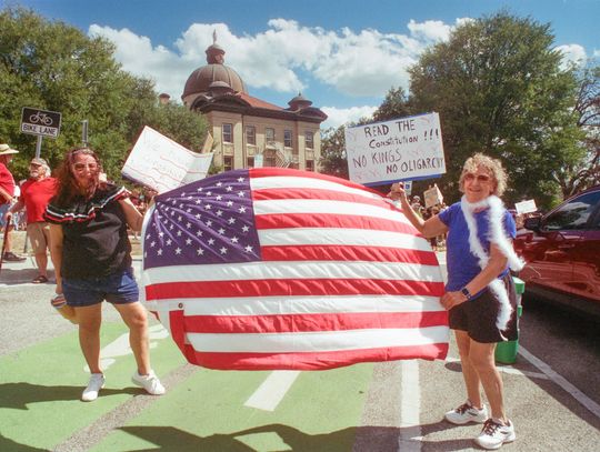 No Kings protest held at historic Hays County Courthouse