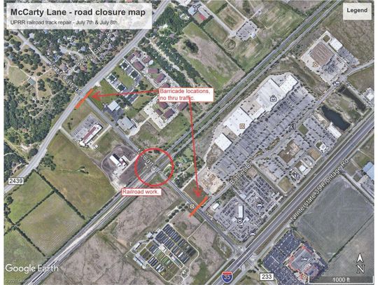 Portion of McCarty Lane to close next week for railroad work