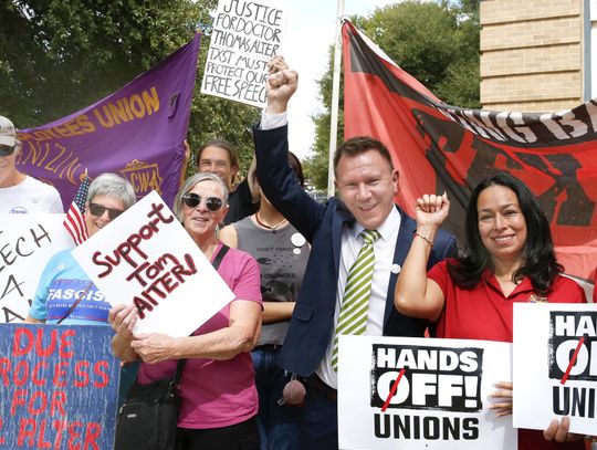 Rally in support of fired Texas State professor Alter