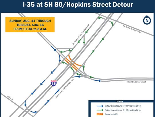 Road Closure: State Highway 80/Hopkins Street at I-35 to close Sunday-Thursday