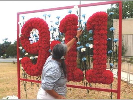 WITH FLAG, FLOWERS