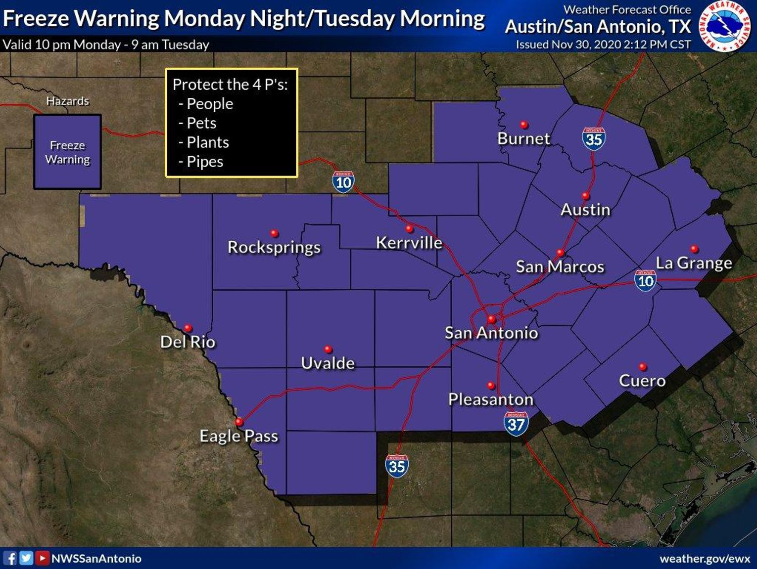 National Weather Service issues freeze warning for San Marcos area