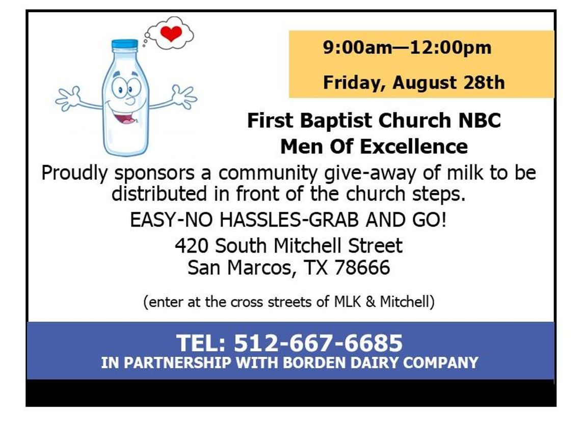 First Baptist Church NBC offering free milk Friday First Baptist Church NBC offering free milk Friday