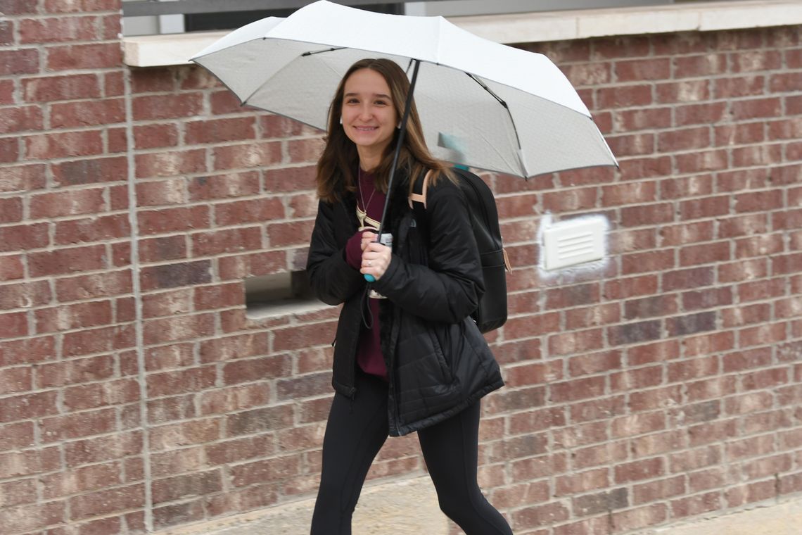 KEEPING DRY: Texas State students try to avoid the rain Tuesday morning