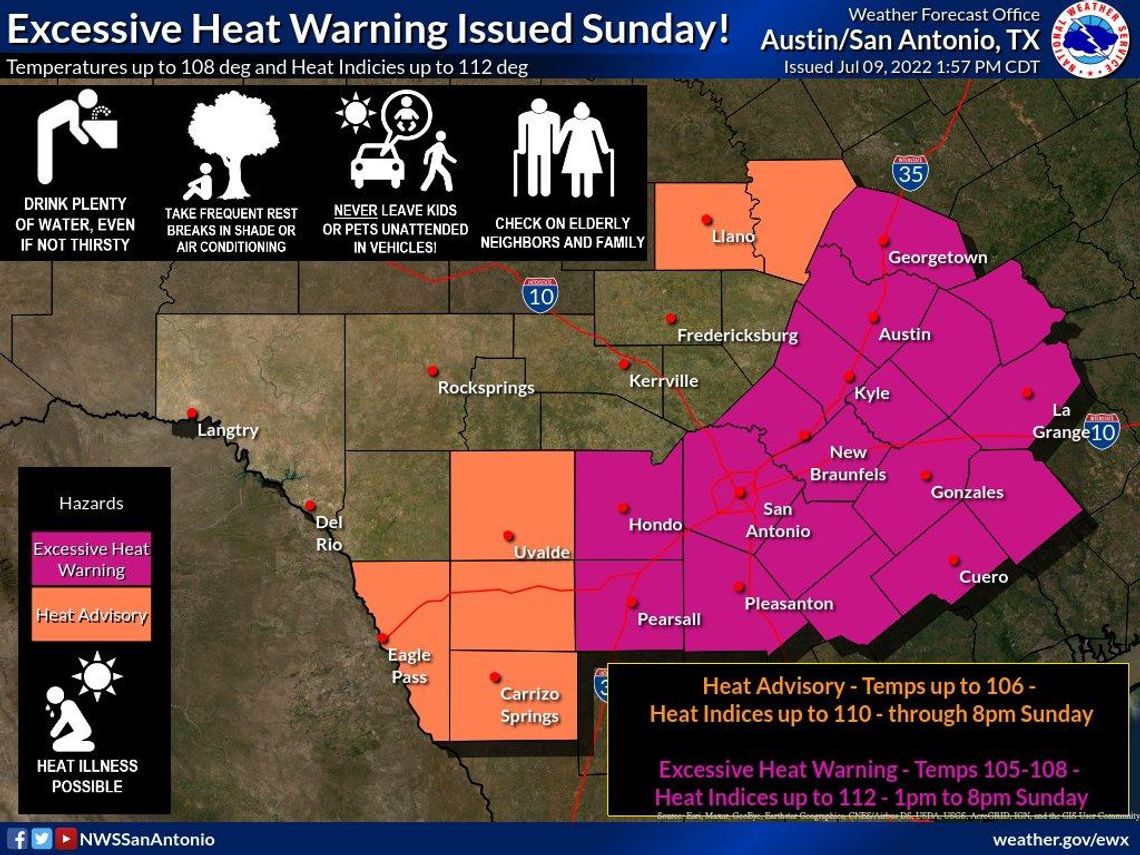 National Weather Service issues excessive heat warning for Hays County beginning Sunday afternoon