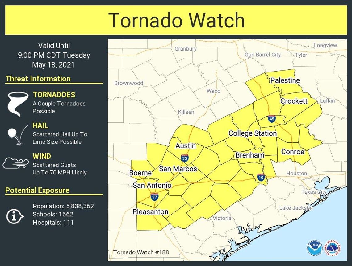 National Weather Service issues tornado watch for San Marcos, Hays County 