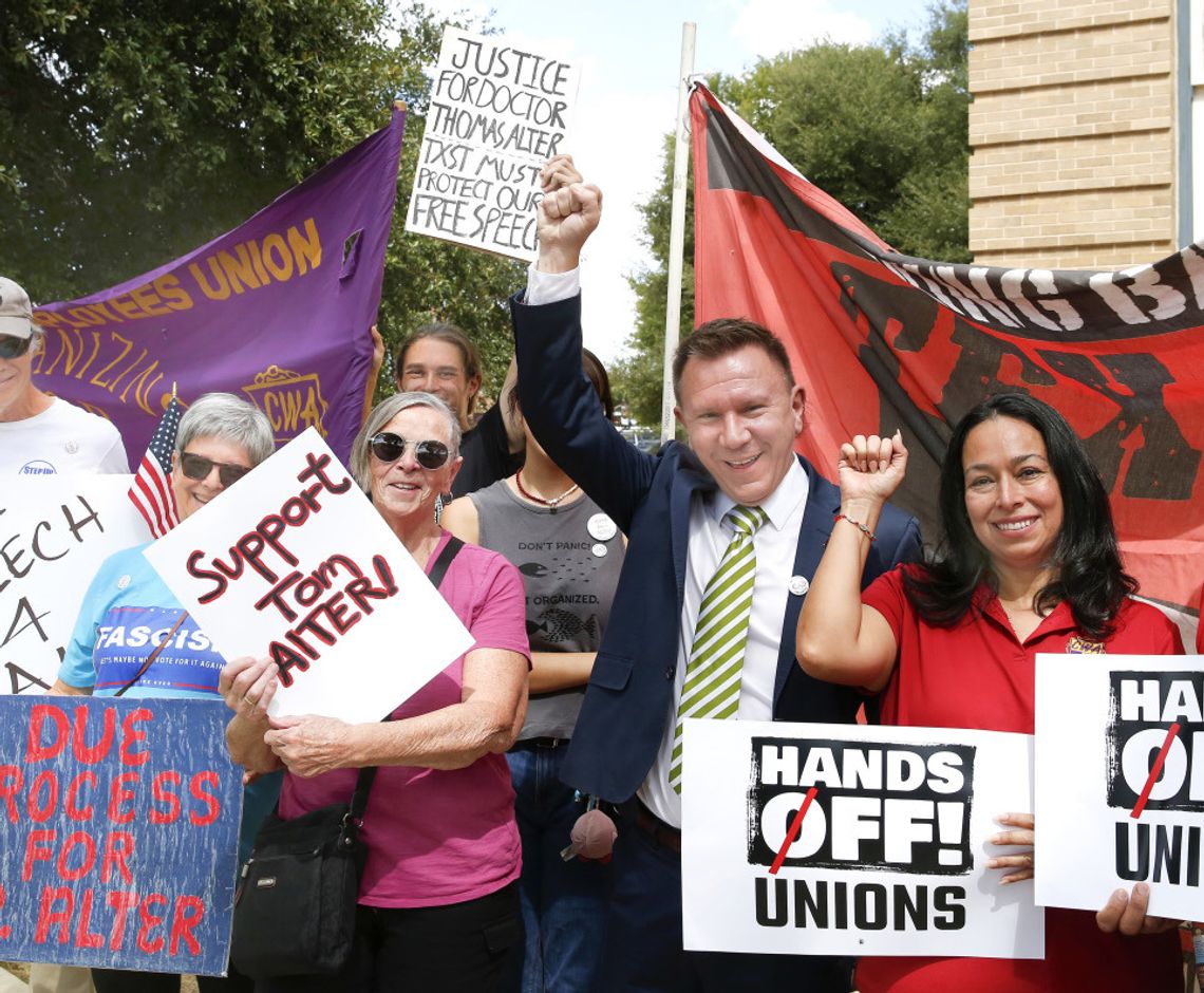 Rally in support of fired Texas State professor Alter