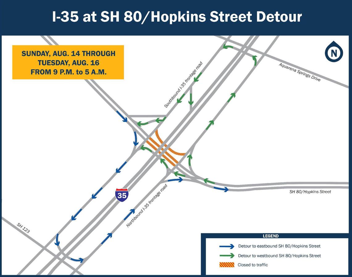 Road Closure: State Highway 80/Hopkins Street at I-35 to close Sunday-Thursday