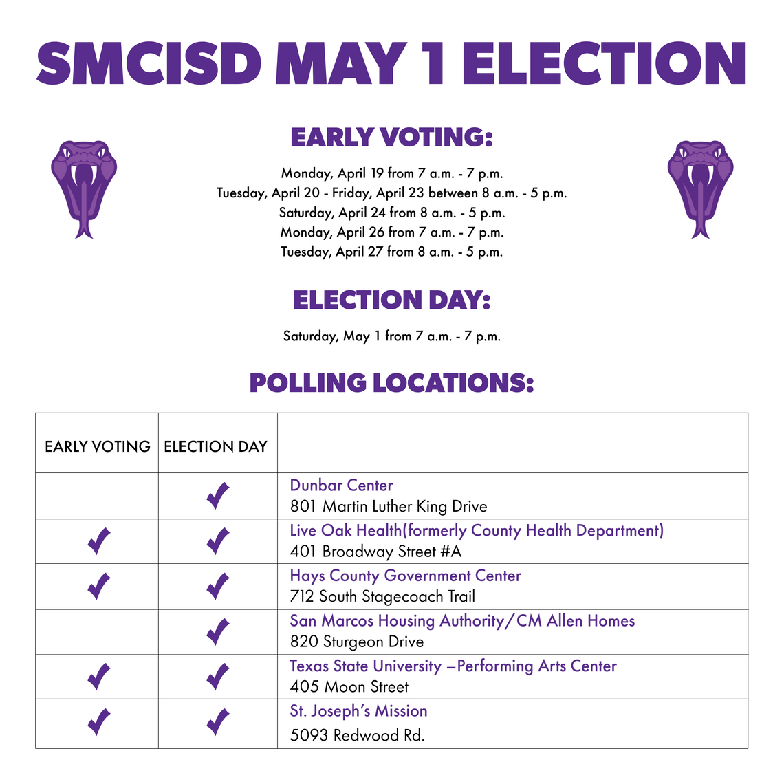 SMCISD board passes polling locations, voting hours for upcoming election SMCISD board passes polling locations, voting hours for upcoming election