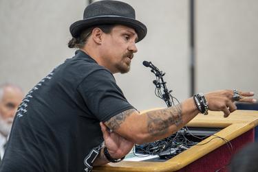 Brett Cross, father of Uziyah Garcia, who was killed at Robb Elementary, speaks to Texas DPS Director Steve McCraw at a Public Safety Commission Meeting in Austin on Thursday, Oct. 27, 2022. During public testimony, families of the victims of the Robb Elementary Shooting in Uvalde called for DPS Director Steve McCraw to resign.
