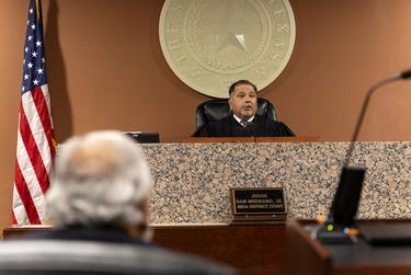 State District Judge Sam Medrano at a hearing in El Paso on Oct. 11, 2022 on the 2019 racist massacre at a local Walmart.