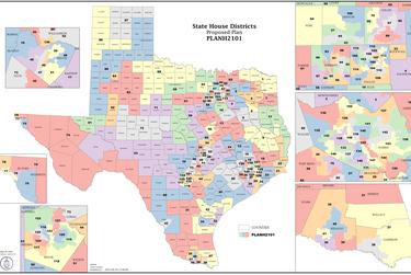 The first draft of the redistricted map of Texas House districts.