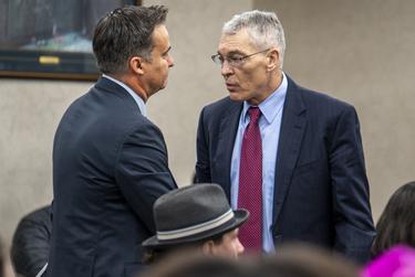 Texas State Senator Roland Gutierrez speaks to Texas DPS Director Steve McCraw at a Public Safety Commission Meeting in Austin on Thursday, Oct. 27, 2022. During public testimony, families of the victims of the Robb Elementary Shooting in Uvalde called for DPS Director Steve McCraw to resign.